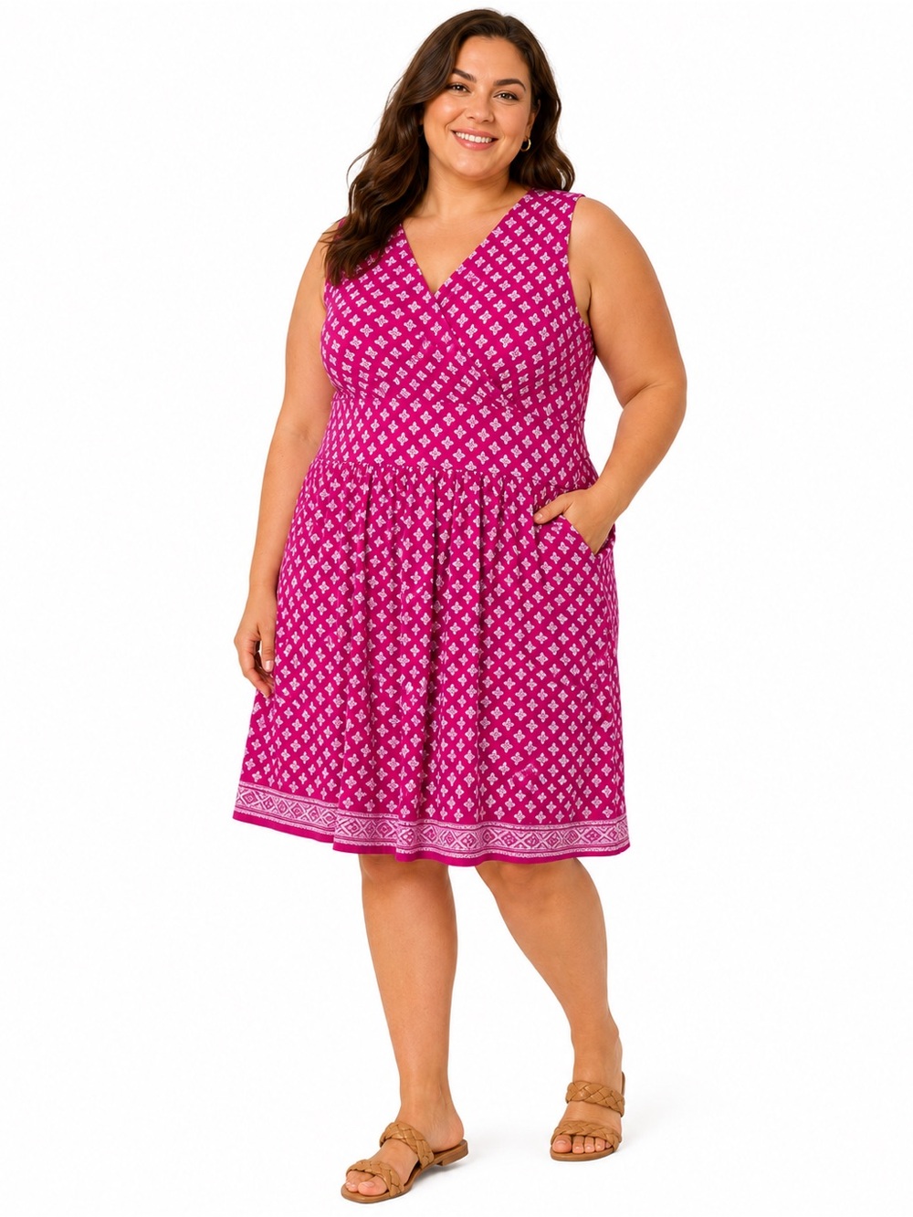 Lands' End Dress Fit & Flare Surplice Neck Sleeveless Pink 2X Pima Cotton Modal